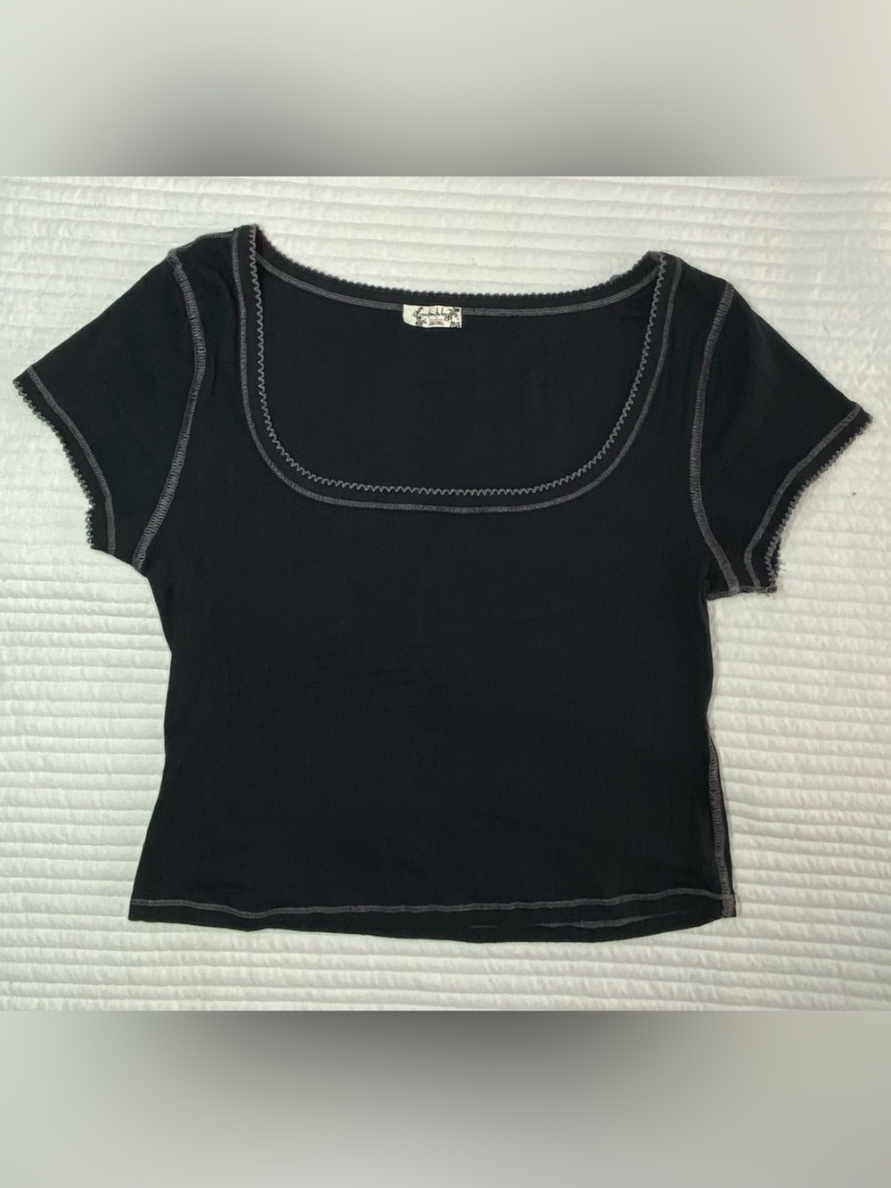 Free People Black Square Neck Short Sleeve Tee with Contrast Stitching